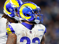 DETROIT,MICHIGAN-SEPTEMBER 8: Running back Kyren Williams (23) of the Los Angeles Rams celebrates after making a touchdown  during a game be...