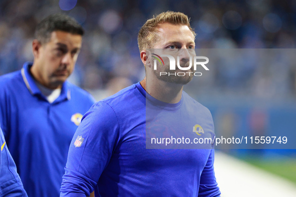 DETROIT,MICHIGAN-SEPTEMBER 8: Los Angeles Rams head coach Sean McVay walks off the field after the conclusion of an NFL football game betwee...