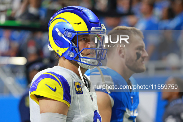 DETROIT,MICHIGAN-SEPTEMBER 8: Los Angeles Rams quarterback Matthew Stafford (9) walks off the field after the conclusion of an NFL football...