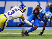 DETROIT,MICHIGAN-SEPTEMBER 8: 
Running back Jahmyr Gibbs (26) of the Detroit Lions is taken down by safety Kamren Curl (3) of the Los Angele...