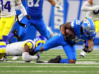 DETROIT,MICHIGAN-SEPTEMBER 8: 
Running back Jahmyr Gibbs (26) of the Detroit Lions is taken down by safety Kamren Curl (3) of the Los Angele...