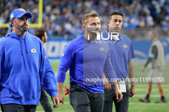 DETROIT,MICHIGAN-SEPTEMBER 8: Los Angeles Rams head coach Sean McVay walks off the field after the conclusion of an NFL football game betwee...