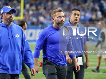 DETROIT,MICHIGAN-SEPTEMBER 8: Los Angeles Rams head coach Sean McVay walks off the field after the conclusion of an NFL football game betwee...