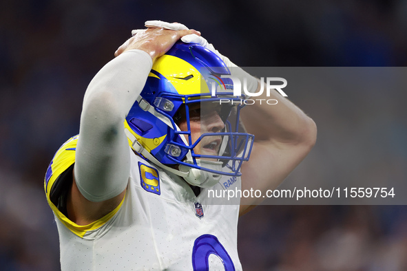 DETROIT,MICHIGAN-SEPTEMBER 8:  Quarterback Matthew Stafford (9) of the Los Angeles Rams reacts after a play during a game between the Detroi...