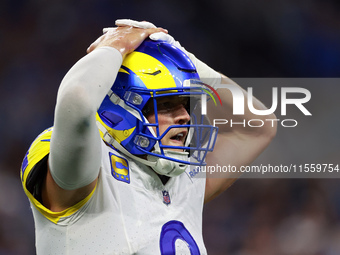 DETROIT,MICHIGAN-SEPTEMBER 8:  Quarterback Matthew Stafford (9) of the Los Angeles Rams reacts after a play during a game between the Detroi...