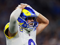 DETROIT,MICHIGAN-SEPTEMBER 8:  Quarterback Matthew Stafford (9) of the Los Angeles Rams reacts after a play during a game between the Detroi...