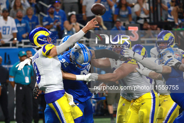 DETROIT,MICHIGAN-SEPTEMBER 8: Los Angeles Rams quarterback Matthew Stafford (9) throws a pass during the second half of an NFL football game...