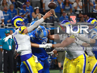 DETROIT,MICHIGAN-SEPTEMBER 8: Los Angeles Rams quarterback Matthew Stafford (9) throws a pass during the second half of an NFL football game...