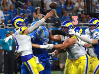 DETROIT,MICHIGAN-SEPTEMBER 8: Los Angeles Rams quarterback Matthew Stafford (9) throws a pass during the second half of an NFL football game...