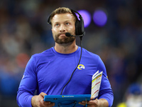 DETROIT,MICHIGAN-SEPTEMBER 8:  Los Angeles Rams head coach Sean McVay reacts after a play during a game between the Detroit Lions and the Lo...