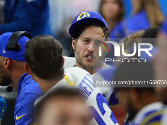 DETROIT,MICHIGAN-SEPTEMBER 8: Los Angeles Rams quarterback Matthew Stafford (9) talks to players during the second half of an NFL football g...