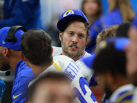 DETROIT,MICHIGAN-SEPTEMBER 8: Los Angeles Rams quarterback Matthew Stafford (9) talks to players during the second half of an NFL football g...