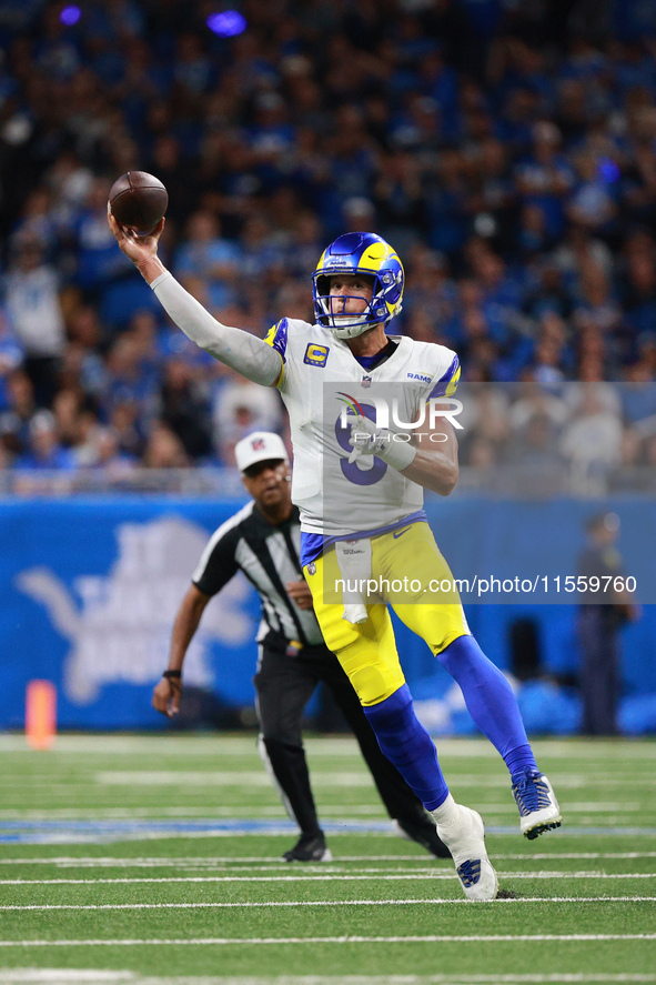 DETROIT,MICHIGAN-SEPTEMBER 8: Los Angeles Rams quarterback Matthew Stafford (9) throws a pass during the second half of an NFL football game...