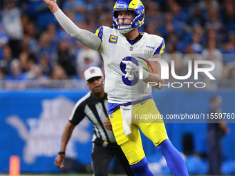 DETROIT,MICHIGAN-SEPTEMBER 8: Los Angeles Rams quarterback Matthew Stafford (9) throws a pass during the second half of an NFL football game...