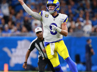 DETROIT,MICHIGAN-SEPTEMBER 8: Los Angeles Rams quarterback Matthew Stafford (9) throws a pass during the second half of an NFL football game...