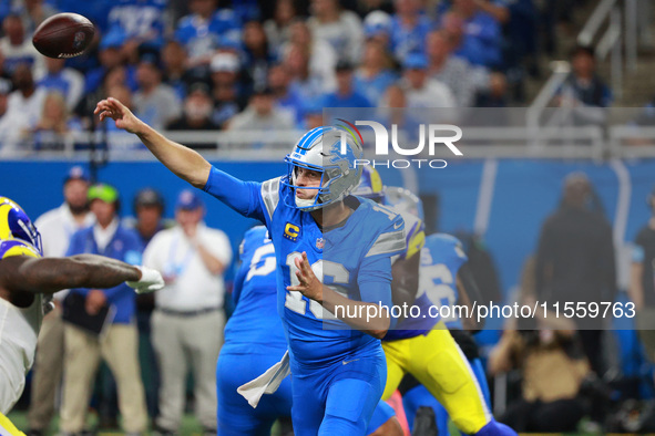 DETROIT,MICHIGAN-SEPTEMBER 8: Detroit Lions quarterback Jared Goff (16) throws a pass during the second half of an NFL football game between...