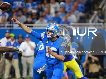 DETROIT,MICHIGAN-SEPTEMBER 8: Detroit Lions quarterback Jared Goff (16) throws a pass during the second half of an NFL football game between...