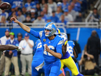 DETROIT,MICHIGAN-SEPTEMBER 8: Detroit Lions quarterback Jared Goff (16) throws a pass during the second half of an NFL football game between...