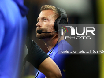 DETROIT,MICHIGAN-SEPTEMBER 8: Los Angeles Rams head coach Sean McVay looks on from the sidelines during a game between the Detroit Lions and...