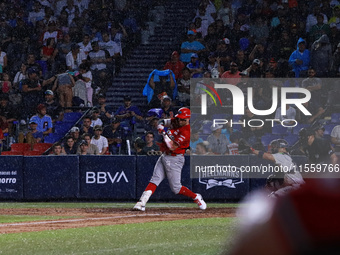 Julian Ornelas #31 of Diablos Rojos hits the ball during the 2024 King Series match 3 against Sultanes de Monterrey of the Mexican Baseball...