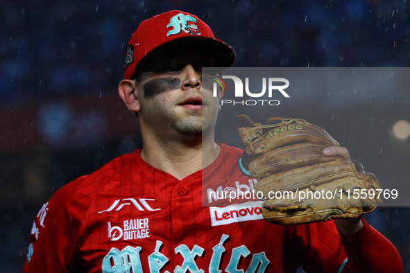 Juan Carlos Gamboa #47 of Diablos Rojos reacts during the 2024 King Series match 3 against Sultanes de Monterrey of the Mexican Baseball Lea...