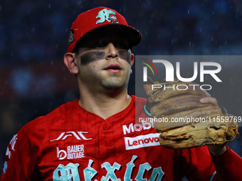 Juan Carlos Gamboa #47 of Diablos Rojos reacts during the 2024 King Series match 3 against Sultanes de Monterrey of the Mexican Baseball Lea...