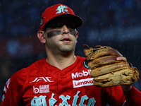 Juan Carlos Gamboa #47 of Diablos Rojos reacts during the 2024 King Series match 3 against Sultanes de Monterrey of the Mexican Baseball Lea...