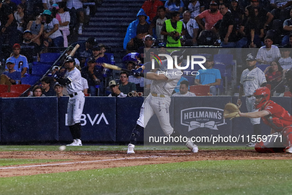 Carlos Soto #25 of Sultanes de Monterrey hits the ball during the 2024 King Series match 3 against Diablos Rojos of the Mexican Baseball Lea...