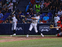 Carlos Soto #25 of Sultanes de Monterrey hits the ball during the 2024 King Series match 3 against Diablos Rojos of the Mexican Baseball Lea...