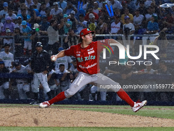 Trevor Bauer #96 of Diablos Rojos pitches the ball during the 2024 King Series match 3 against Sultanes de Monterrey of the Mexican Baseball...