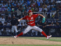 Trevor Bauer #96 of Diablos Rojos pitches the ball during the 2024 King Series match 3 against Sultanes de Monterrey of the Mexican Baseball...