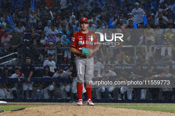 Trevor Bauer #96 of Diablos Rojos pitches the ball during the 2024 King Series match 3 against Sultanes de Monterrey of the Mexican Baseball...