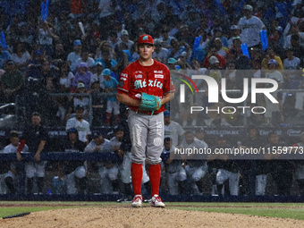 Trevor Bauer #96 of Diablos Rojos pitches the ball during the 2024 King Series match 3 against Sultanes de Monterrey of the Mexican Baseball...