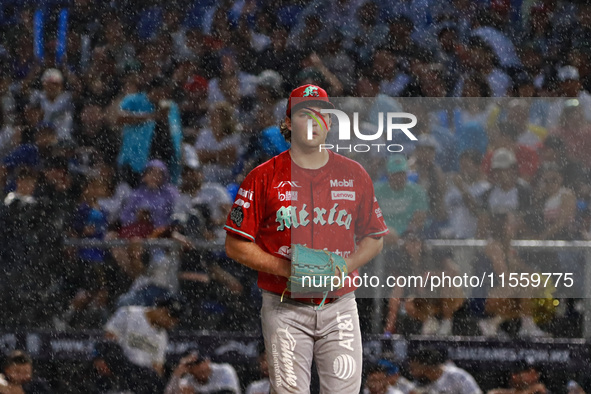 Trevor Bauer #96 of Diablos Rojos pitches the ball during the 2024 King Series match 3 against Sultanes de Monterrey of the Mexican Baseball...