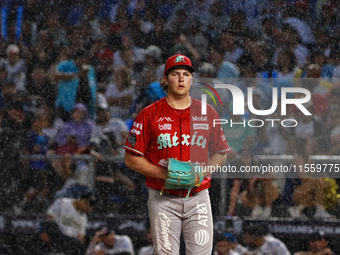 Trevor Bauer #96 of Diablos Rojos pitches the ball during the 2024 King Series match 3 against Sultanes de Monterrey of the Mexican Baseball...