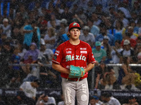 Trevor Bauer #96 of Diablos Rojos pitches the ball during the 2024 King Series match 3 against Sultanes de Monterrey of the Mexican Baseball...