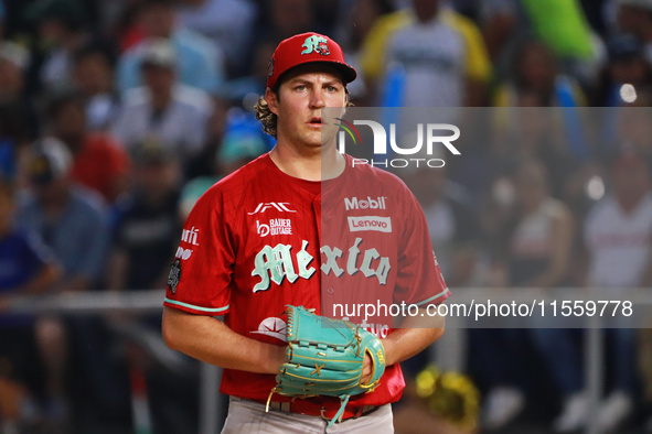 Trevor Bauer #96 of Diablos Rojos pitches the ball during the 2024 King Series match 3 against Sultanes de Monterrey of the Mexican Baseball...