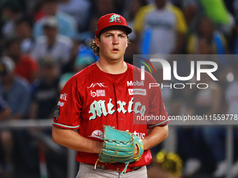 Trevor Bauer #96 of Diablos Rojos pitches the ball during the 2024 King Series match 3 against Sultanes de Monterrey of the Mexican Baseball...