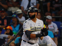 Nomar Mazara #15 of Sultanes de Monterrey bats during the 2024 King Series match 3 against Diablos Rojos of the Mexican Baseball League (LMB...