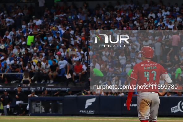 Juan Carlos Gamboa #47 of Diablos Rojos reacts during the 2024 King Series match 3 against Sultanes de Monterrey of the Mexican Baseball Lea...