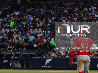 Juan Carlos Gamboa #47 of Diablos Rojos reacts during the 2024 King Series match 3 against Sultanes de Monterrey of the Mexican Baseball Lea...