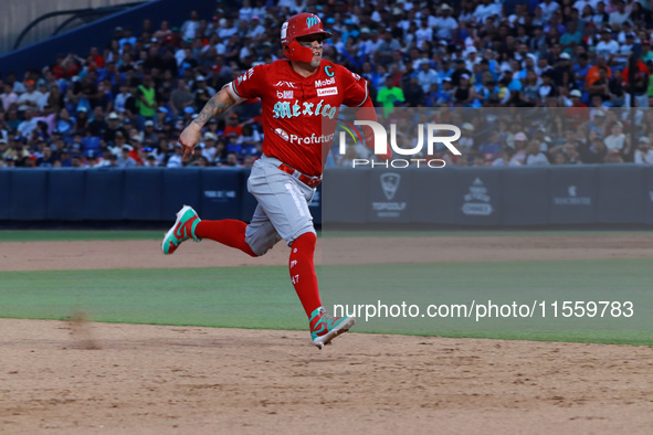 Juan Carlos Gamboa #47 of Diablos Rojos runs to third base during the 2024 King Series match 3 against Sultanes de Monterrey of the Mexican...