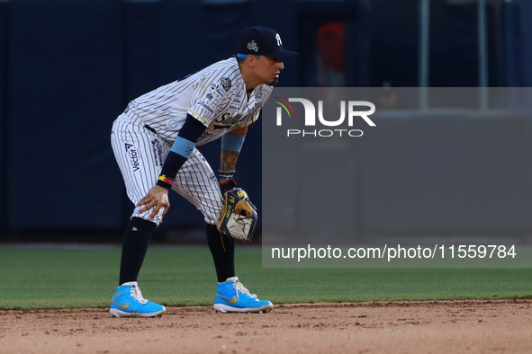 Ramiro Pena #19 of Sultanes de Monterrey during the 2024 King Series match 3 against Diablos Rojos of the Mexican Baseball League (LMB) at E...