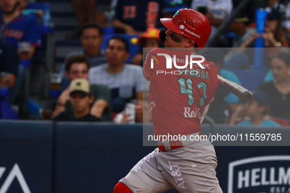 Juan Carlos Gamboa #47 of Diablos Rojos bats during the 2024 King Series match 3 against Sultanes de Monterrey of the Mexican Baseball Leagu...