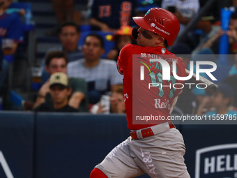 Juan Carlos Gamboa #47 of Diablos Rojos bats during the 2024 King Series match 3 against Sultanes de Monterrey of the Mexican Baseball Leagu...