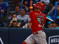 Juan Carlos Gamboa #47 of Diablos Rojos bats during the 2024 King Series match 3 against Sultanes de Monterrey of the Mexican Baseball Leagu...