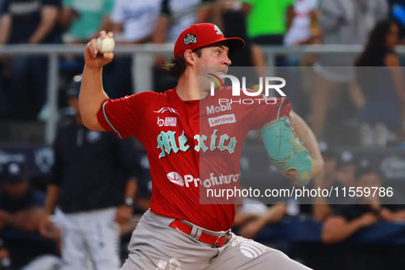 Trevor Bauer #96 of Diablos Rojos pitches the ball during the 2024 King Series match 3 against Sultanes de Monterrey of the Mexican Baseball...