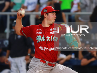 Trevor Bauer #96 of Diablos Rojos pitches the ball during the 2024 King Series match 3 against Sultanes de Monterrey of the Mexican Baseball...