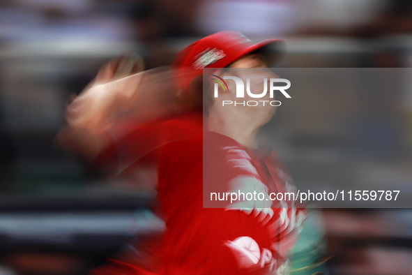 Trevor Bauer #96 of Diablos Rojos pitches the ball during the 2024 King Series match 3 against Sultanes de Monterrey of the Mexican Baseball...