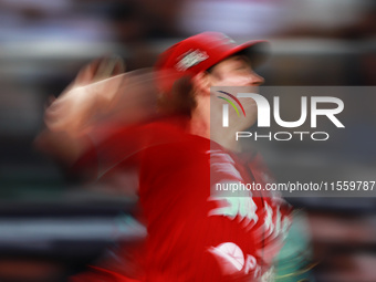 Trevor Bauer #96 of Diablos Rojos pitches the ball during the 2024 King Series match 3 against Sultanes de Monterrey of the Mexican Baseball...